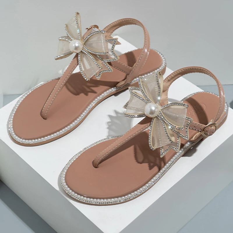 

Rhinestone Pearl Bow Design Flat Sandals Women Outdoor Beach Flat Non-slip Woman Slides Fashion Slippers 2023 Female Shoes