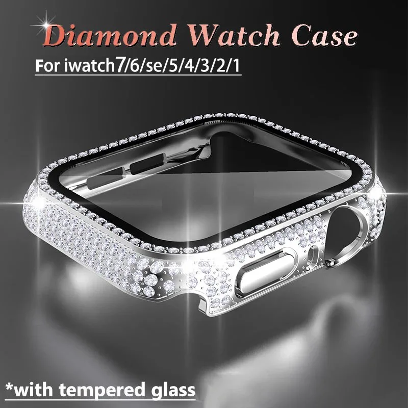 

Glass+Cover For Apple Watch case 40mm 44mm 41mm 45mm iWatch Accessories Diamond+Screen Protector Apple watch series 3 4 5 6 SE 7