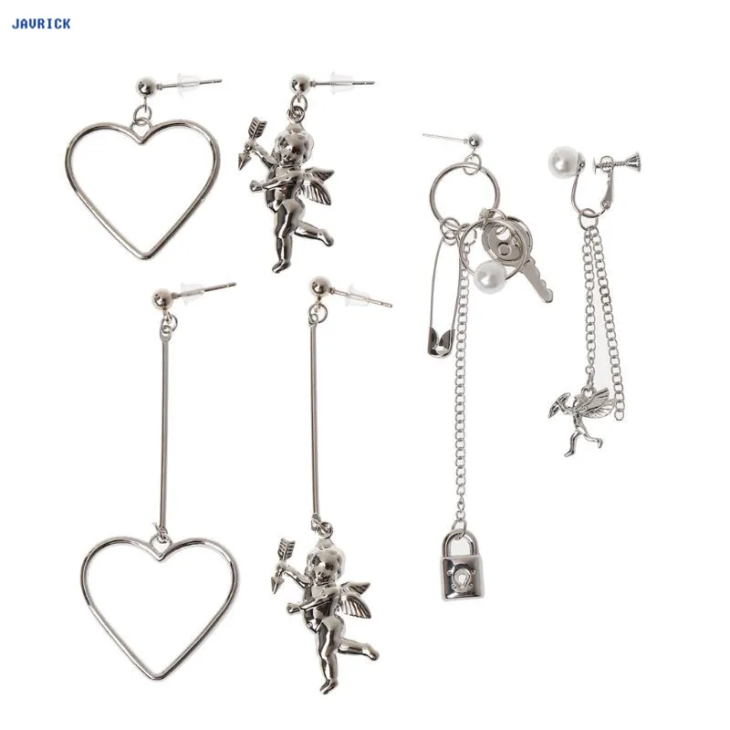 

JAVRICK Cupid Angle Heart Asymmetric Pendant Metal Tassel Drop Earring Fashion Jewelry