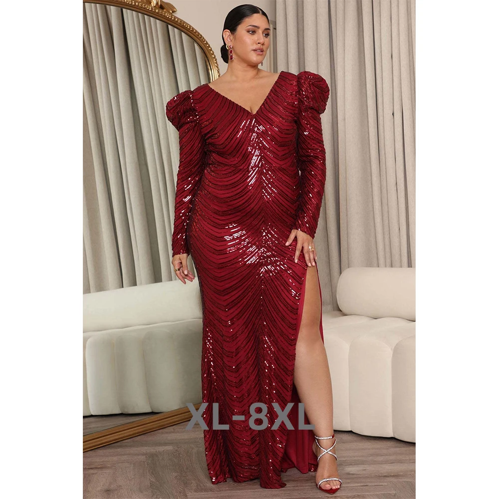 

Plus Size Dresses Elegant Lady Party Dress Fashion Sequin Maxi Dress Burgundy Long Sleeve Prom Evening Dresses 3xl 4xl 5xl 6xl