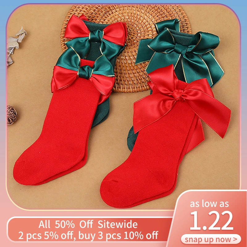 

Детские носки с надписью Merry Christmas, детские гольфы с ленточным бантом, женские мягкие хлопковые детские носки, зеленые, красные длинные носки