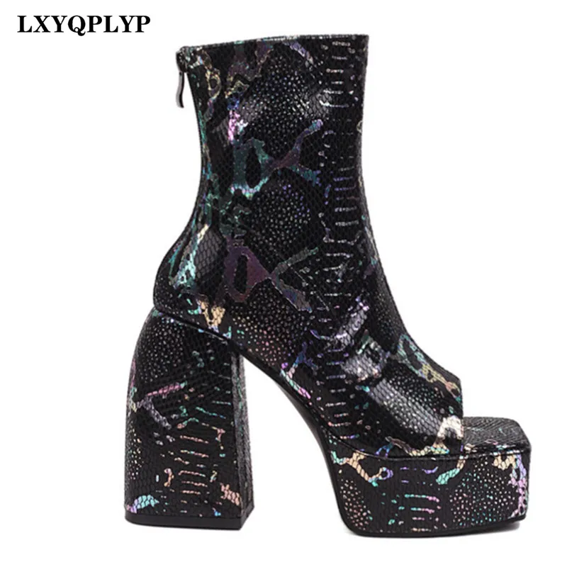 

2022 New Women's Boots Super High Heel Fish Mouth Print Rear Zipper European Luxury New Fashion Sexy Party Spring and Summer