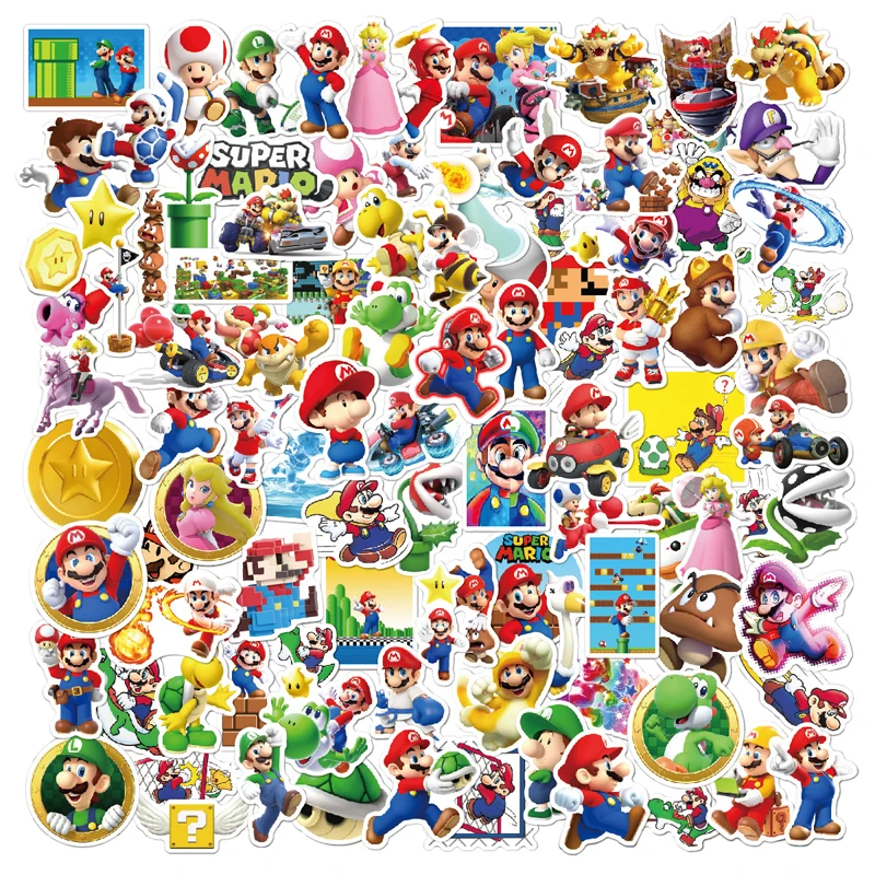 

100pcs Anime Figure Super Mario Luigi Princess Peach Toadstool Suitcase Computer Notebook Guitar Sticker Kids Toy Birthday Gifts