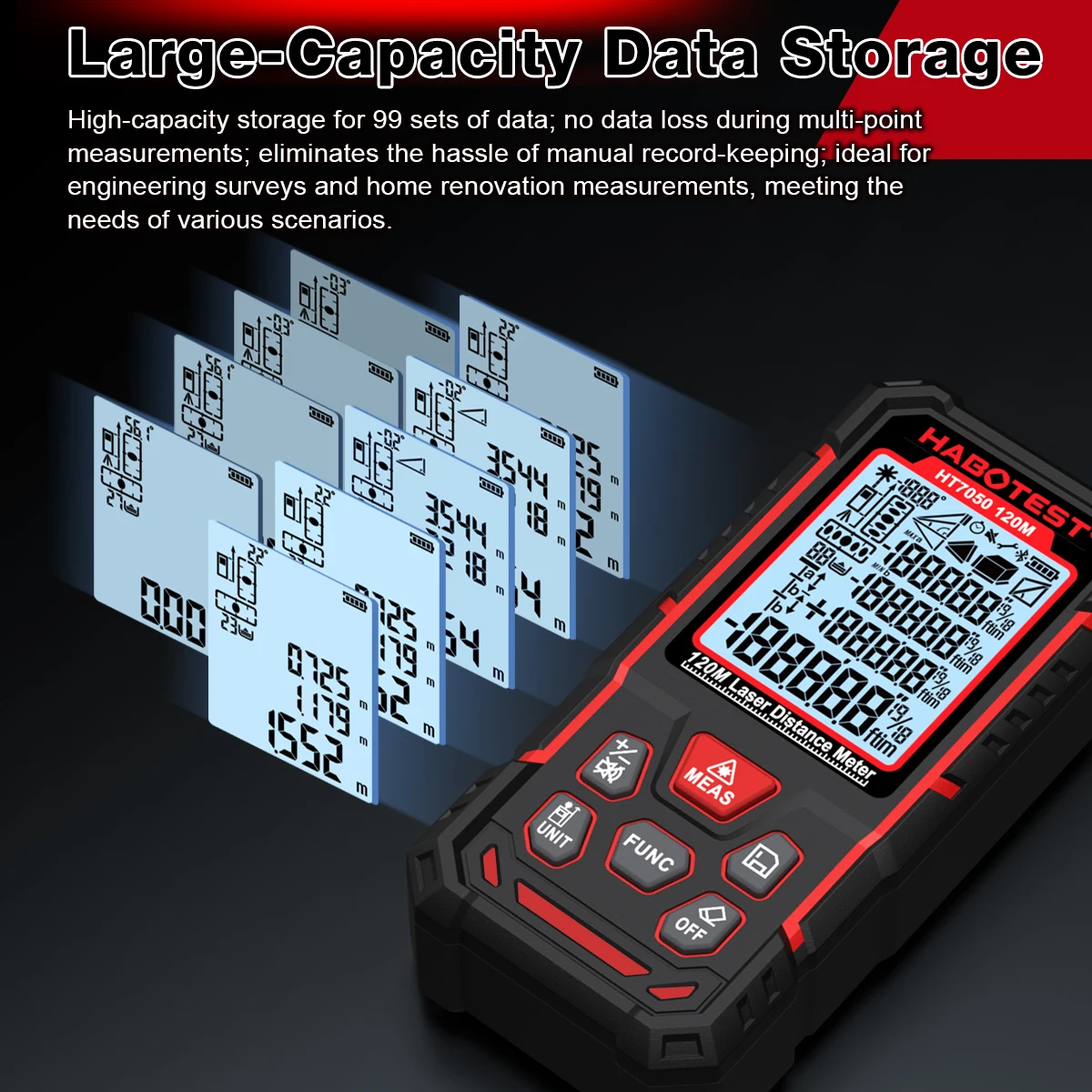 Фото Лазерный дальномер HABOTEST HT7050 50М с высокой точностью ±1.5мм, цифровой измеритель расстояния IP40, инклинометр для строительных работ №5