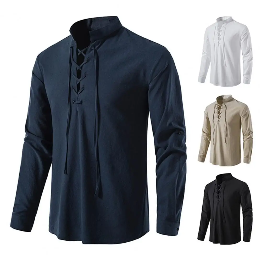 Sleeve Men Shirt Casual Skin-touching Stand Collar Solid Color Top Male Clothing Cotton Blend Shirt