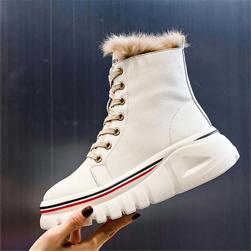 

Women Winter New Mid-Tube Leather Short Boots Plus Velvet Platform Casual Women's Shoe Real Rabbit Fur Leather Martin Boots