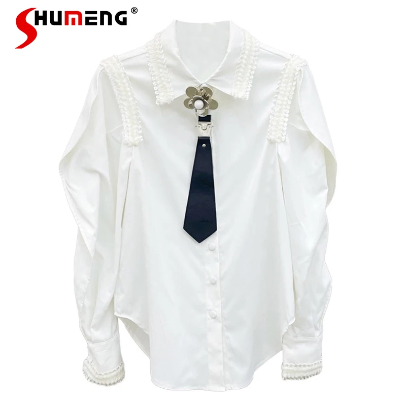 

2022 Spring New French Style Elegant Stitching Lace Shirt Women 3D Flower Tie Lapel Long Sleeve Blusas Fashion Simple Solid Top