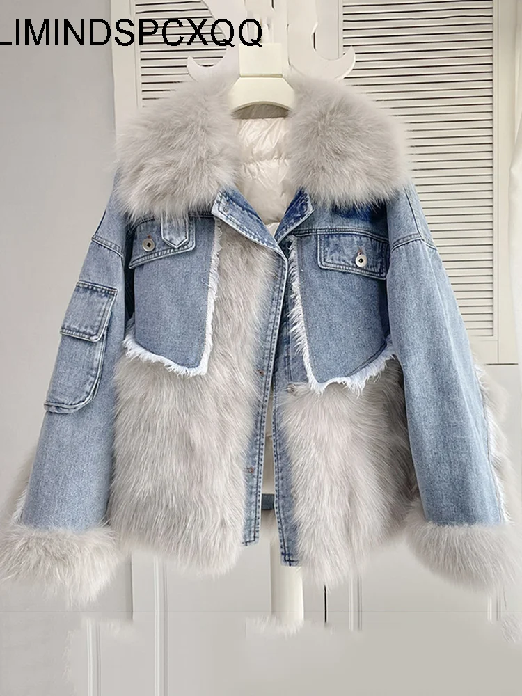 2022 Women Winter Denim Jacket Faux Fur Large Fur Collar Plus Velvet Jacket Detachable Thick Loose Warm Bomber Jean Parker Coats