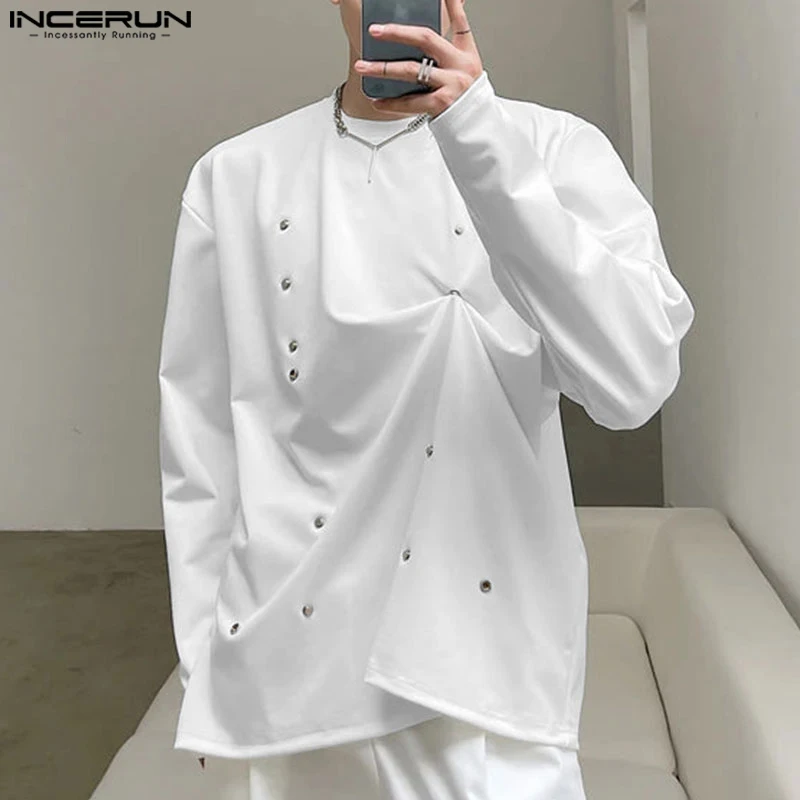 INCERUN мужские топы с круглым вырезом и длинным рукавом однотонные повседневные