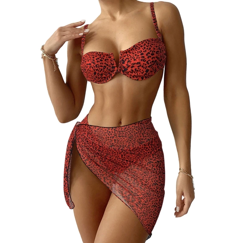 

448D Printed Three Piece Bikini Slim Beachwear Sexy Thong Swimsuit Small Chest Gathered Bathing Suit Cover Wrap Swimming Suit