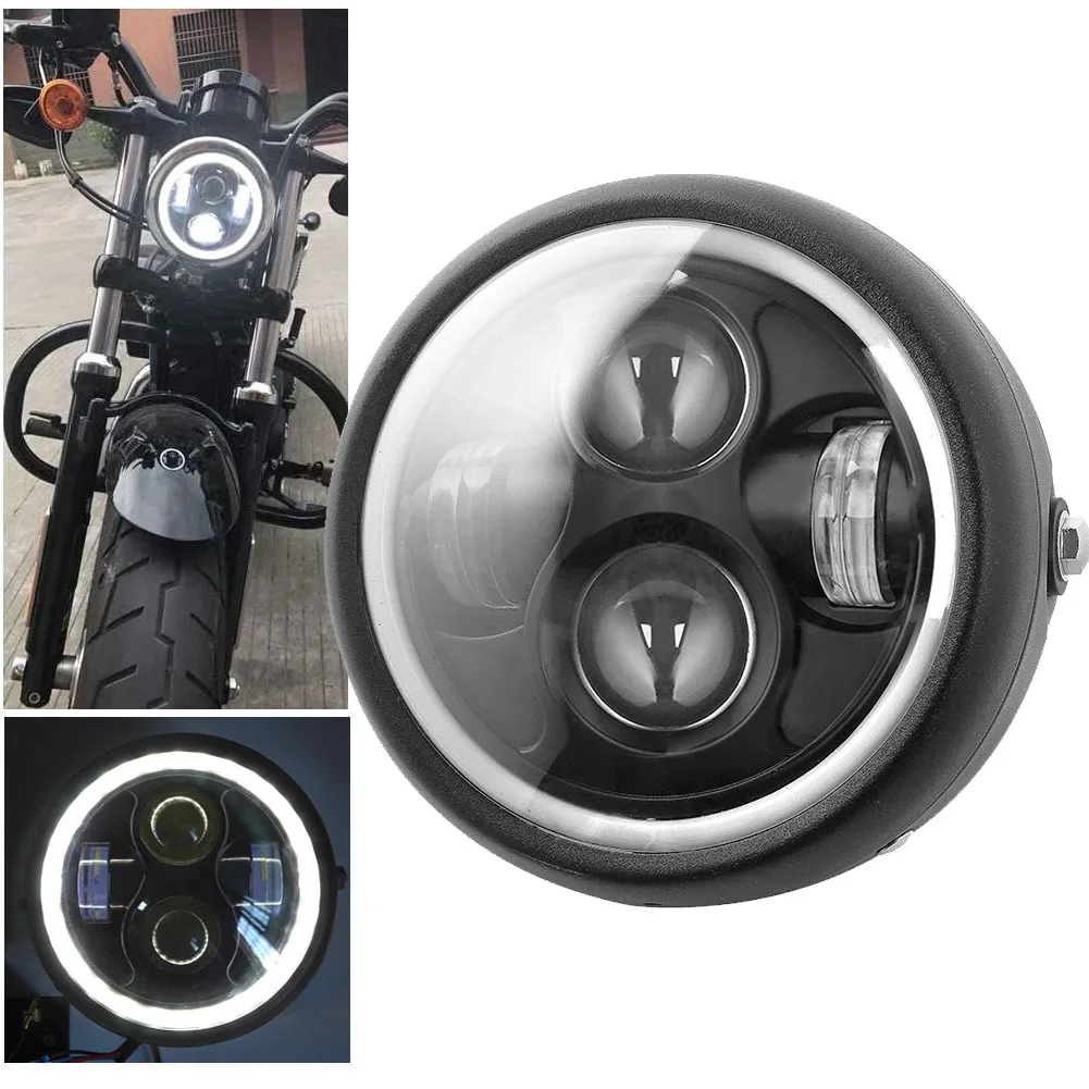 

6.5" Round Motorcycle LED Headlight Round Headlight with White Halo Angel Eye for Harley Sportster Cafe Racer Bobber Iron 883