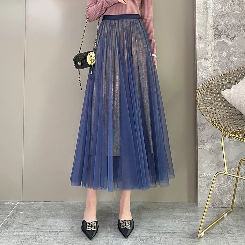 

Luxury Fashion High Waist Elegant Chic Leisure Pleated Skirt Women Gold Silk Bright Color Reversible Long Gauze Skirts Y2K Cool