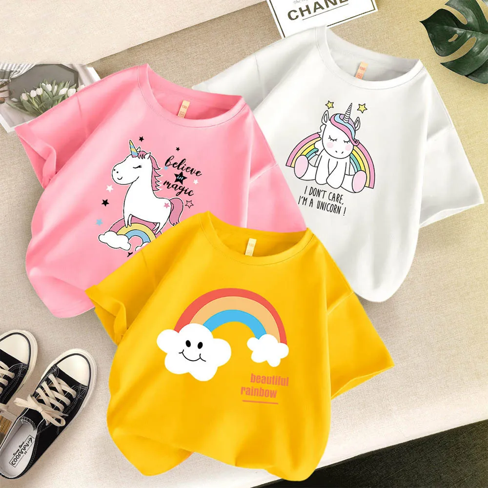 

Children's Top Shirt Cotton 2022 Kids New Summer Korean Casual Style Cartoon Print Girls Shortsleeve T-shirt for 4-13 Years Old