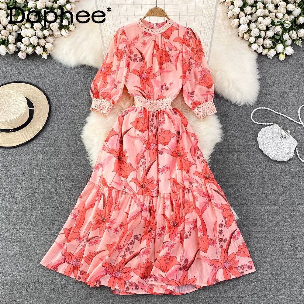 

Women Lace Print Holiday Beach Style Dress Stand Neck Short Sleeve New Lady Sexy Fashion Temperament Summer 2022