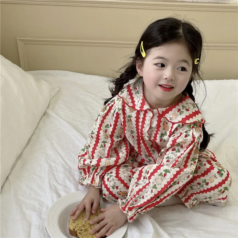 

New Girls Autumn Spring Two Piece Sets Pajamas Full Sleeve Cartoon Flower Fashion Turn-down Collar Indoor Soft