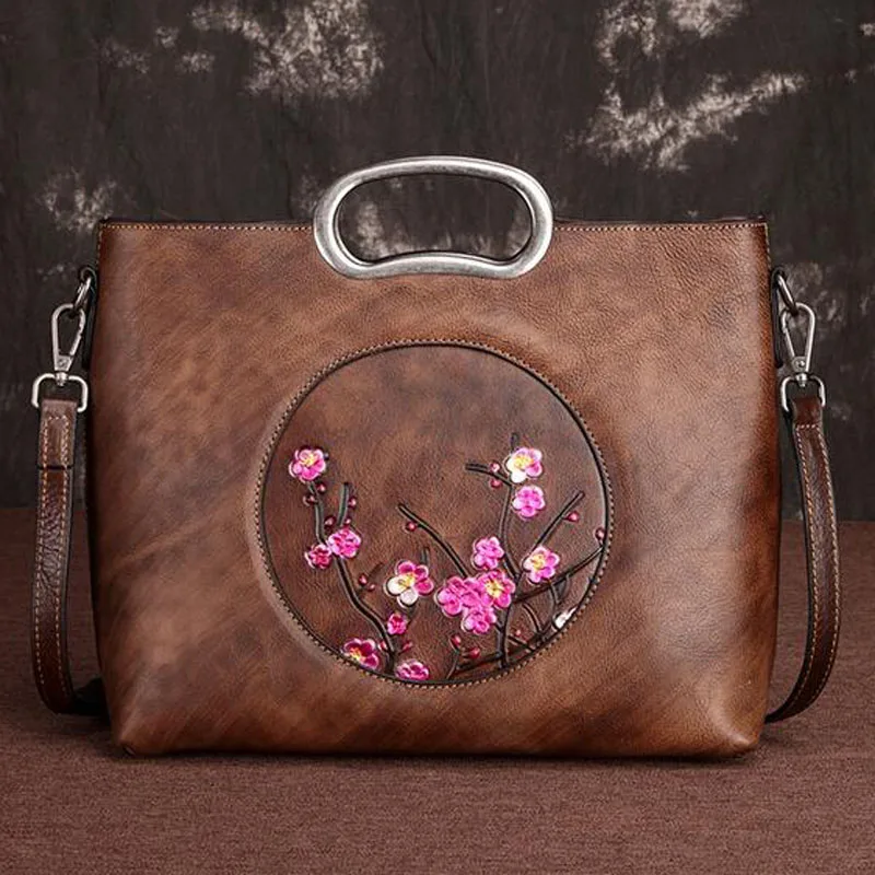 

Genuine Leather Messenger Shoulder Women Bag Floral Pattern Large Capacity Vintage Design Natural Skin Tote Bags Female Handbag
