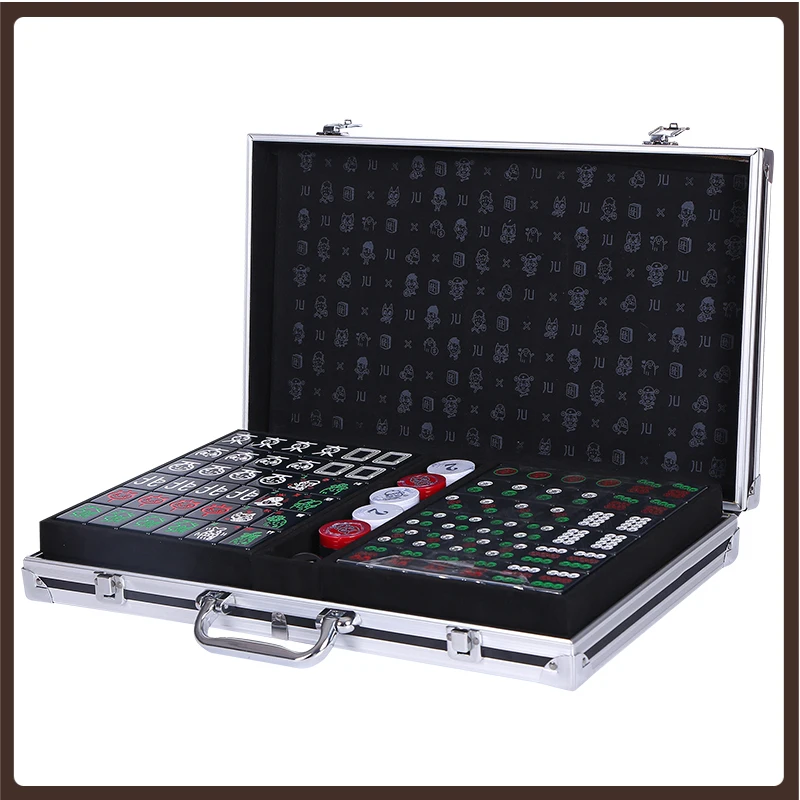 

Aluminum Box Mahjong Set Full Size Travel 42mm Creative Pattern Design Melamine Table Games Profesional Ajedrez Chinese Chess