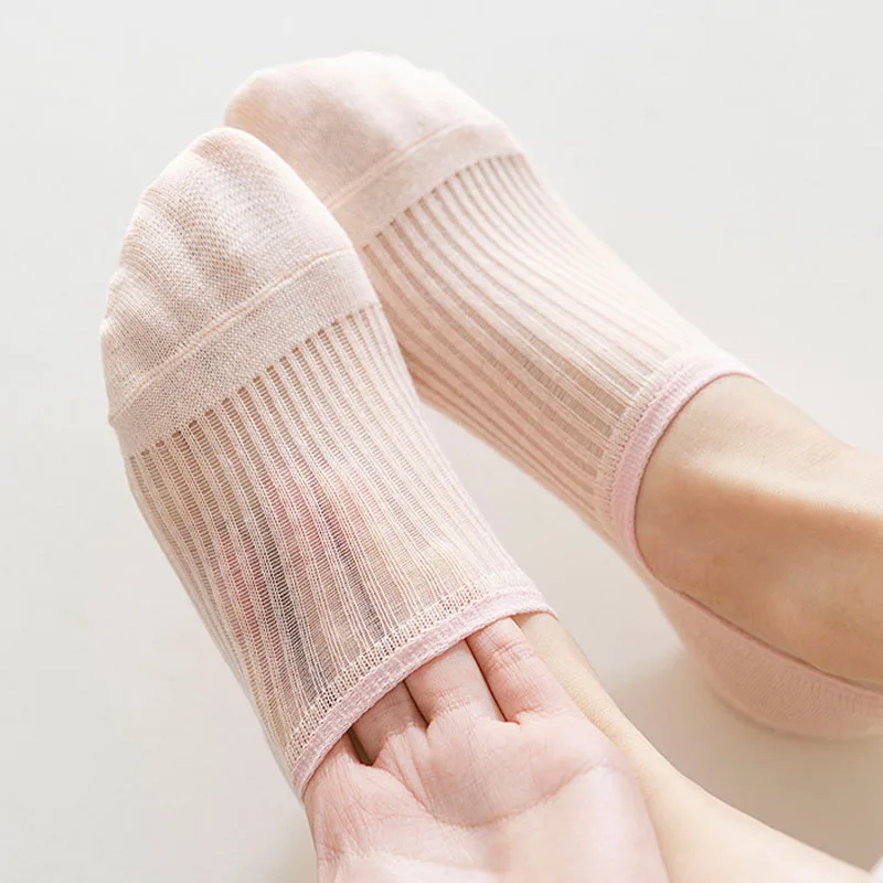 5Pairs Women's Invisible Socks Silicone Non-slip Breathable Mesh Solid Color Ankle Boat Sock Soft Cotton Ultra-thin Ladies Sox
