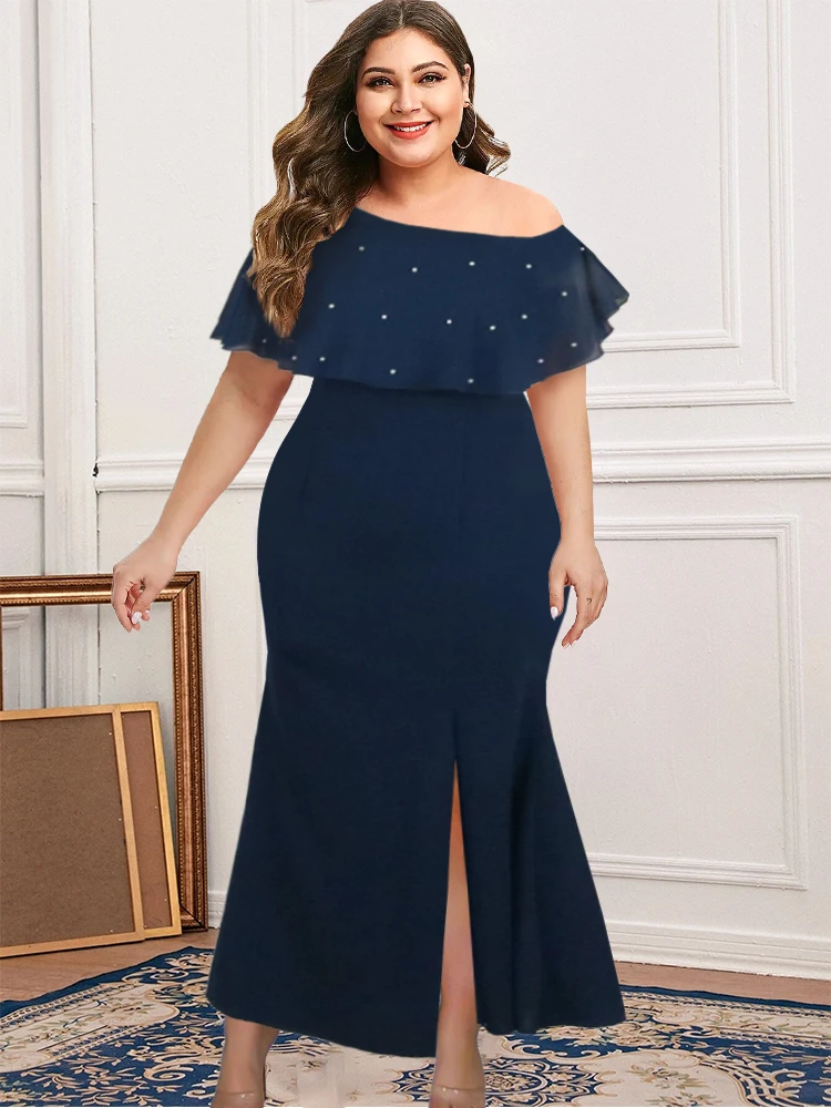 Plus Size 4XL 5XL Long Ruffle Dress Women One Shoulder Beads Sexy Bodycon Slit Dress Evening Birthday Party Occasion Event Robe