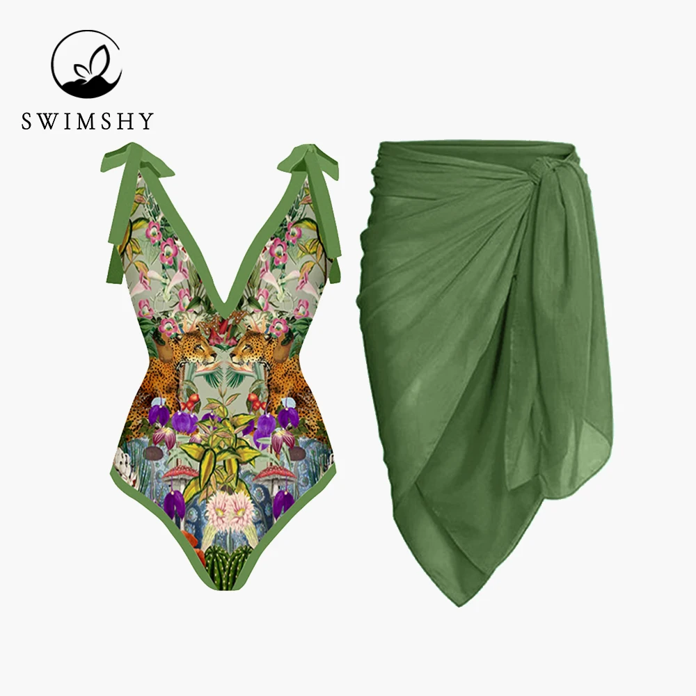 

Vintage Deep V Print One Piece Swimsuit Set Women Swimming Suits Sexy Lace Up Swimwear Vacation Beach Outfits Surf Wear Backless