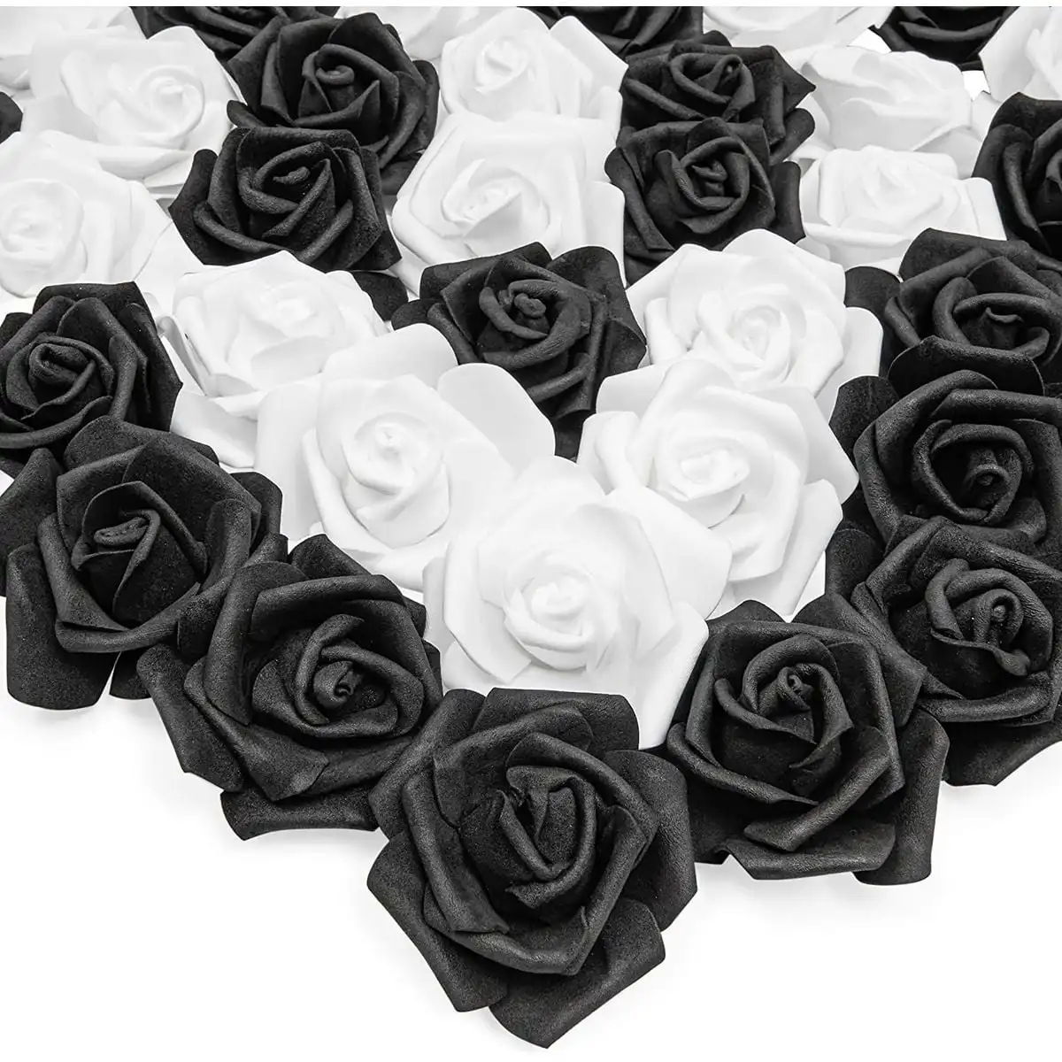 

Free shipping 100 Pack Black and White Artificial Rose Flower Heads 3-Inch Stemless Flowers for Weddings Bouquets DIY Crafts
