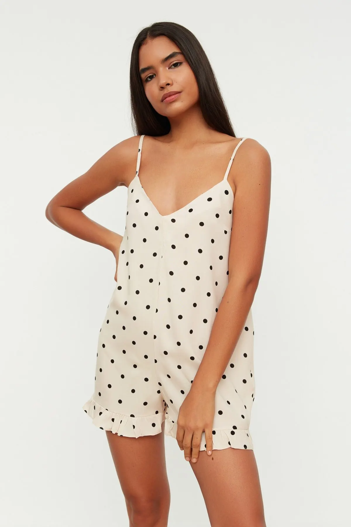 

Women's Overalls Ecru Polka Dot Woven Hot Style Quality Fabric Sleeveless Baggy Trousers Casual Jumpsuit