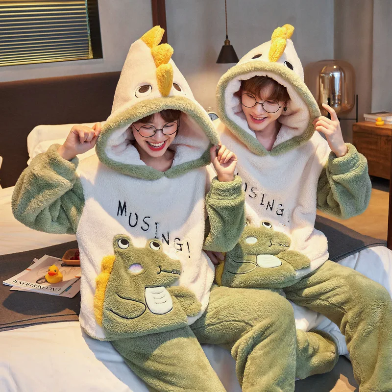 Couples Pajamas Sets Women Men Winter Thicken Pyjamas Sleepwear Cartoon Dinosaur Korean Lovers Homewear Soft Warm Pijama Hoodies