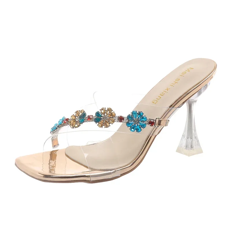 Красивые шлепанцы на длинных ножках прозрачные высоком каблуке для женщин лето