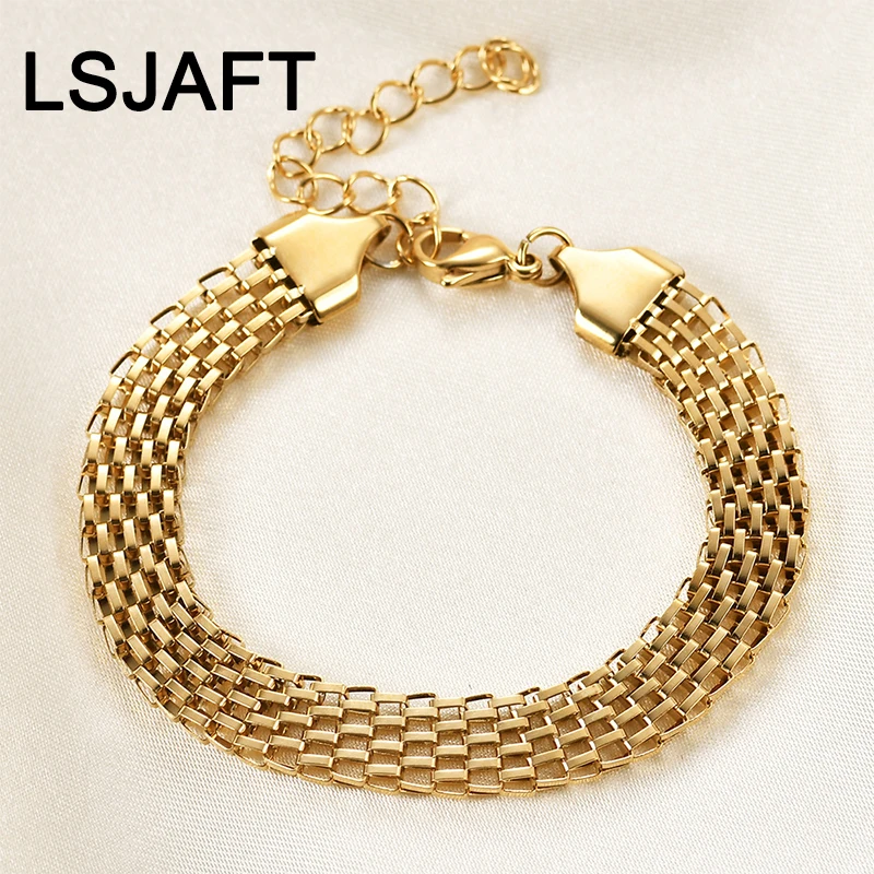 

Ins Fashion Gold Plated Stainless Steel Hollow Mesh Bracelet Women Girls Hip Hop Wide Weave Chain Bracelet Jewelry Gift Party