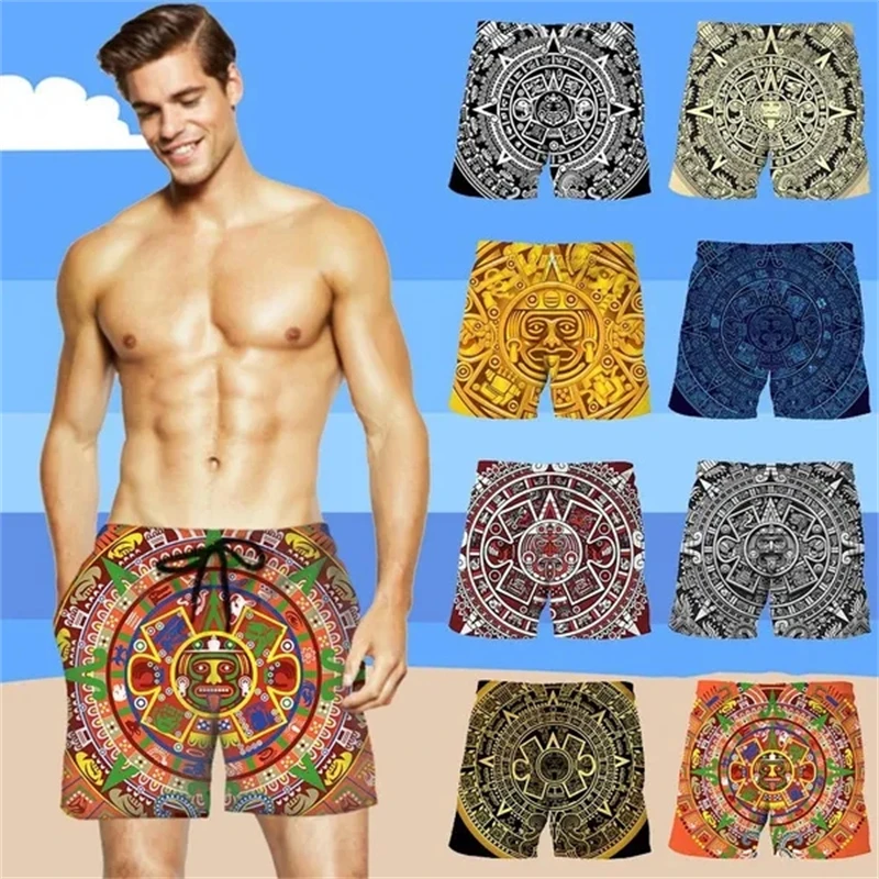 

Мужские модные пляжные шорты с 3D-принтом ацтекского календаря солнца камня в стиле хип-хоп летние мужские шорты для плавания повседневные индивидуальные крутые короткие брюки