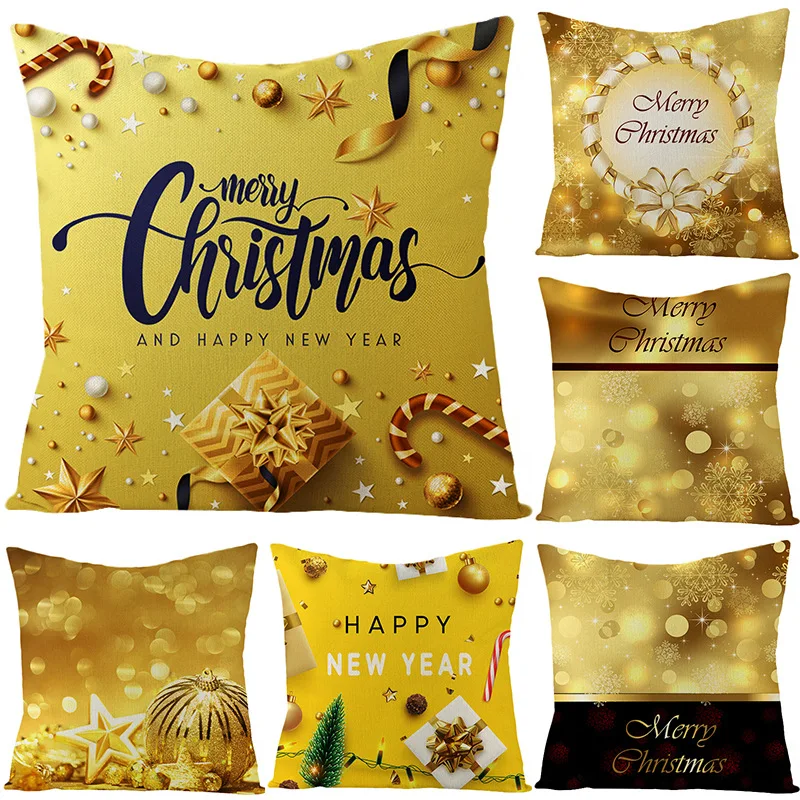 

Gold Christmas Decoration Gift Cartoon Bell Star Throw Pillow Case For Sofa Cotton Linen Xmas Ball Lovely Chair Cushion Cover
