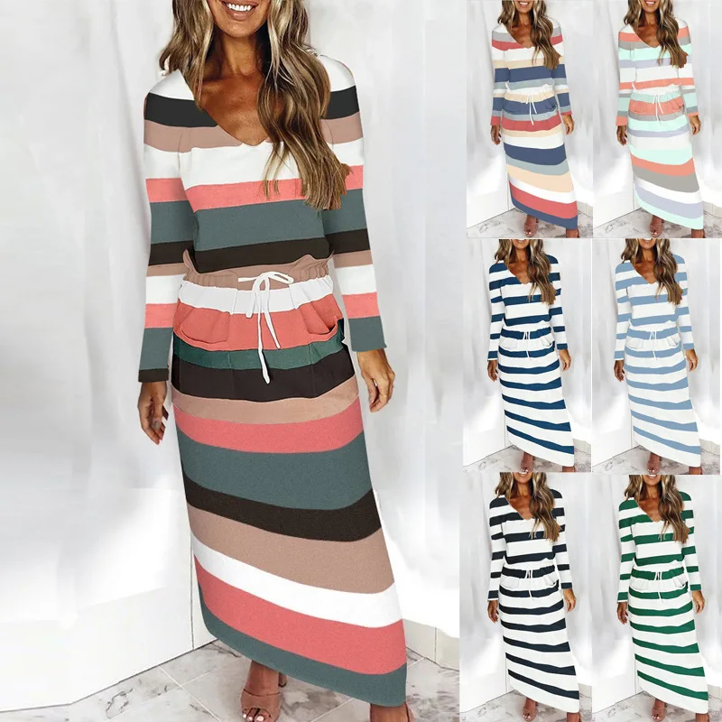 

2023 Women's Spring Summer V-Neck Loose Print Stripe Long Sleeve Dress