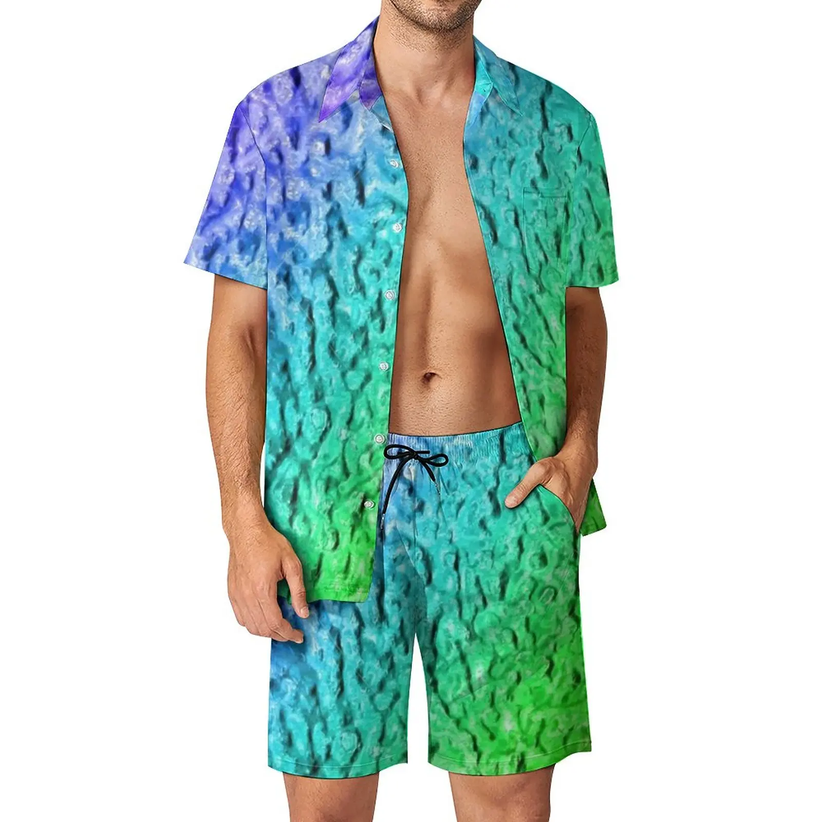 

Metallic Rainbow Men Sets Acrylic Marble Print Casual Shorts Summer Cool Beach Shirt Set Short-Sleeve Custom Plus Size Suit Gift