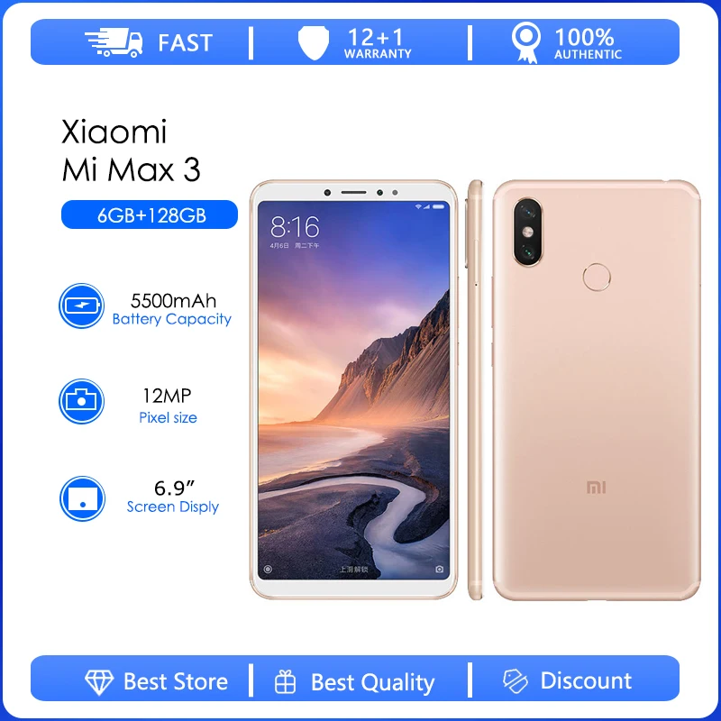

Сотовый телефон Xiaomi Mi Max 3, ОЗУ 6 ГБ + ПЗУ 128 ГБ, Восьмиядерный процессор Snapdragon, 5500 мАч, экран 6,9 дюйма, камера 12 МП, две Sim-карты