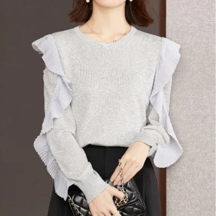 Элегантный стильный вязаный топ с рюшами и краями уменьшающий возраст для осени