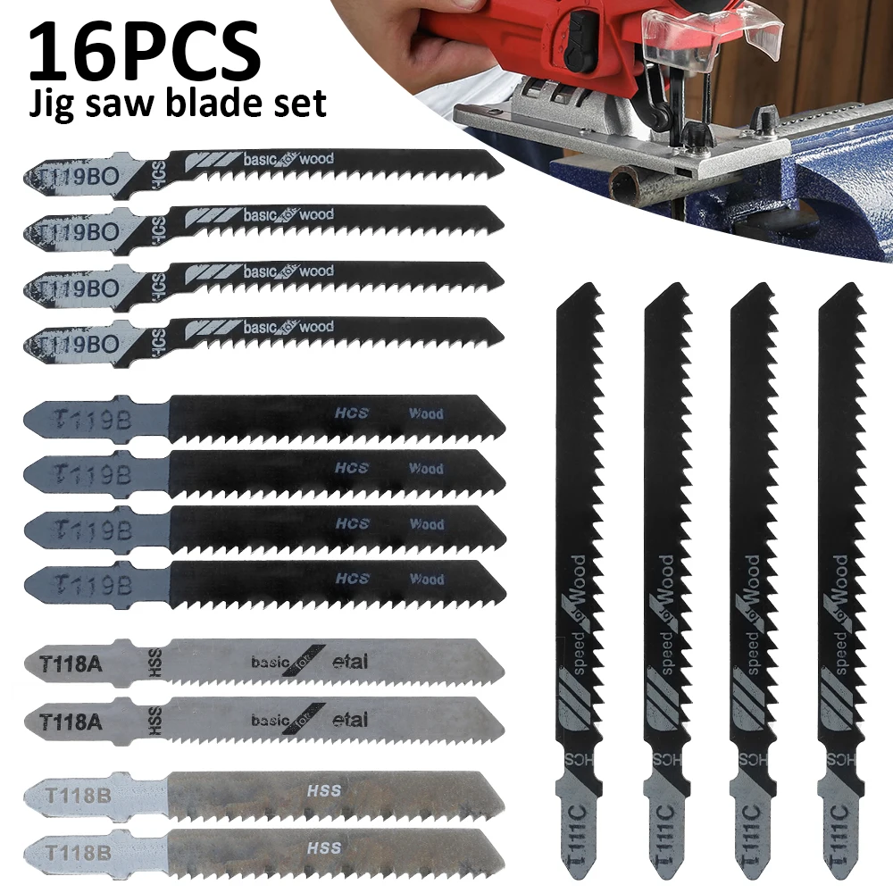 

Fast Saw Blade Saw Cutting Blades Jig 16Pcs/set Cutting for Jigsaw Straight HCS/HSS Blades Blades T119BO/T119B/T111C/T118B/T118A