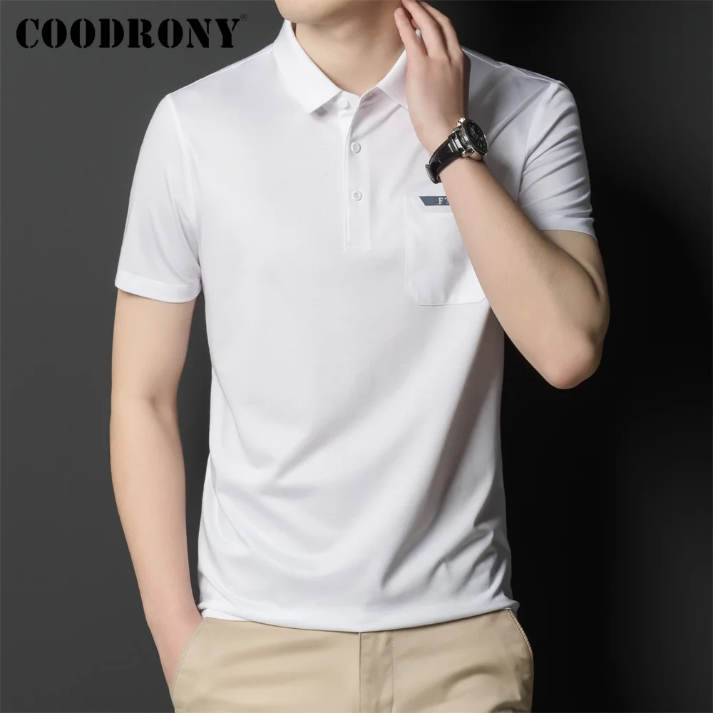 

Мужская хлопковая рубашка-поло COODRONY, черная Повседневная приталенная рубашка-поло из хлопка с короткими рукавами, модель W5032S на лето 2019