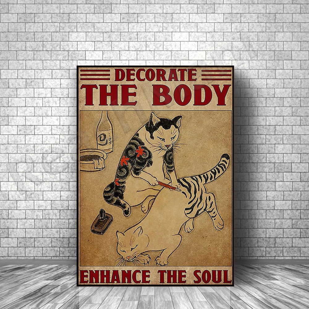 cat tattoo, tattoo decoration body enhancing soul funny tattoo canvas print poster, gift for tattoo artist