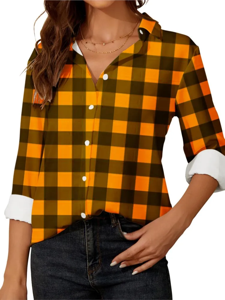 

Fashion Casual Women Plaid Print Buttons Loose Shirts Tops Spring Autumn Elegant Lapel Long Sleeve Office Lady Blouse Top 2024