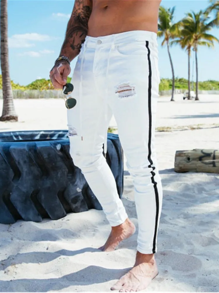 

2020 Men Skinny white Jeans Biker Destroyed Frayed Fit Denim Ripped Side Stripe Pencil Pants Hip Hop Streetwear JeansK56