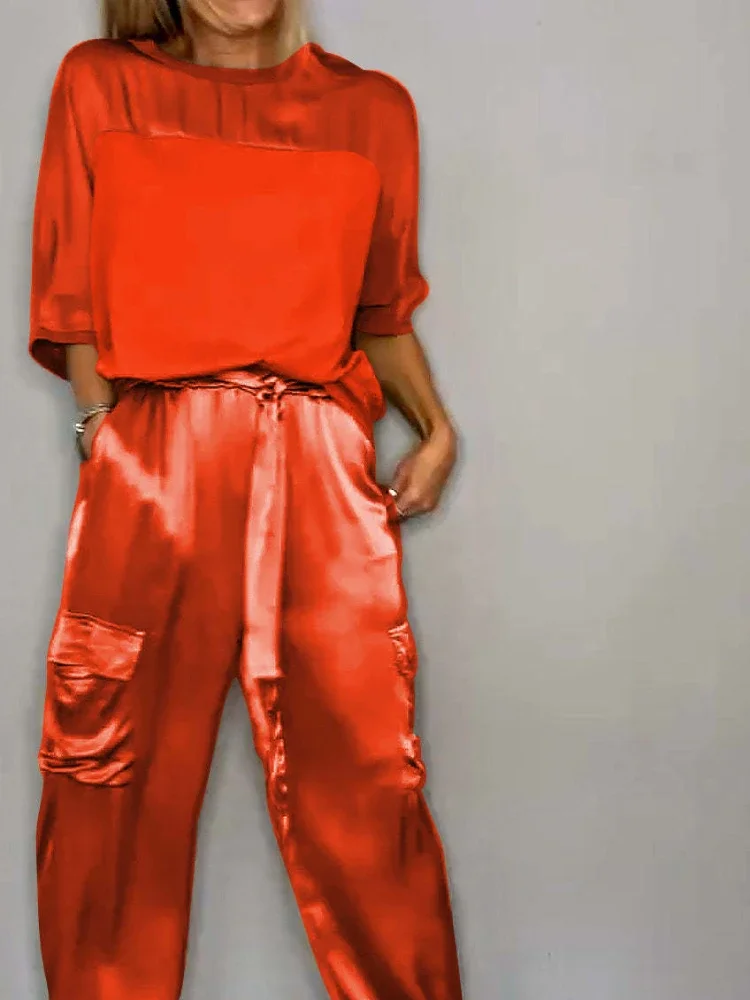 Женский Элегантный Комплект Из Двух Предметов Шелковая Рубашка Atlassan Рукав Три