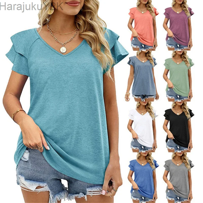 

2022 Fashion New Women T-Shirt Elegant Solid Color Ladies Tee Casual V-Neck Short Sleeve Female Tops XS-8XL
