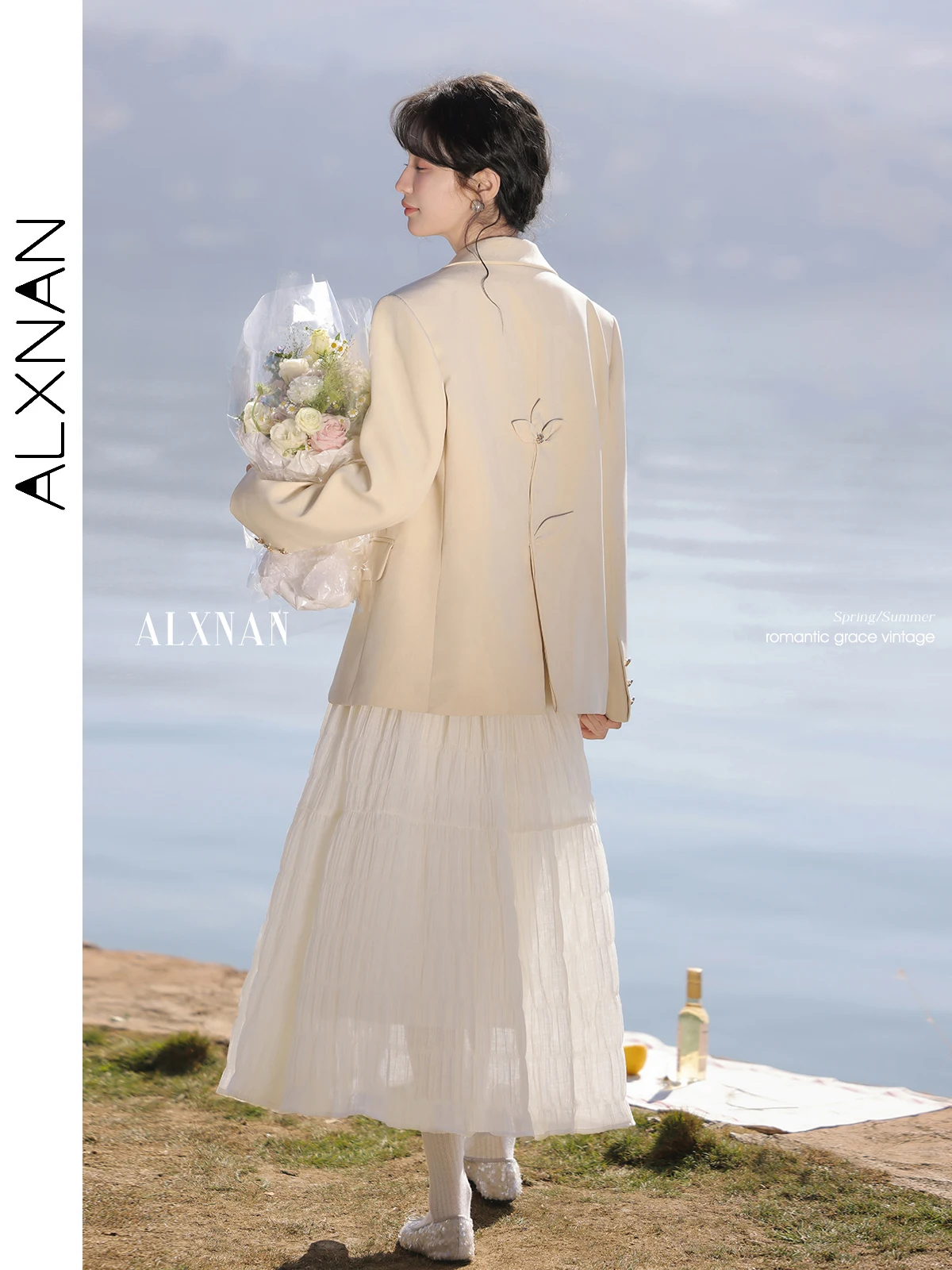 ALXNAN абрикосовая женская юбка тонкая трапециевидной формы с морщинами элегантная