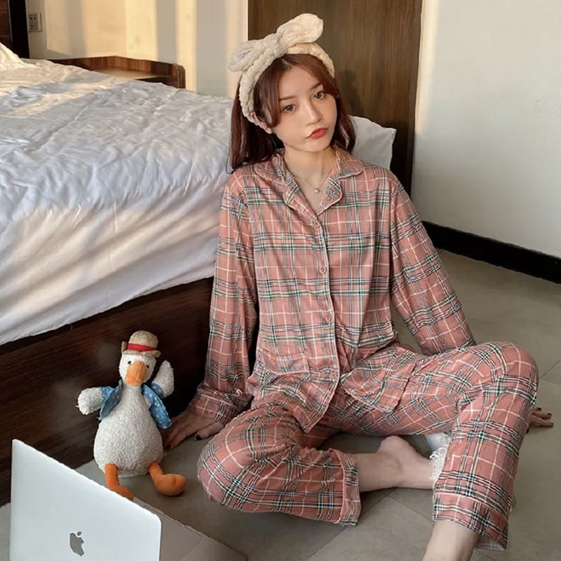 Dressing Gowns for Women New Style Ladies Long-sleeved Trousers Home Suit Autumn Spring Winter Plaid Japanese Korean Pajamas