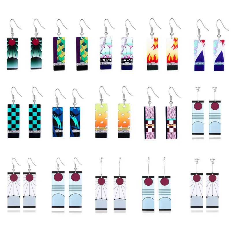 

Japanese Anime Demon Slayer Blade Sun Earrings Acrylic Earrings Pendant 2021 Couples Hypoallergenic Stainless Steel Earrings