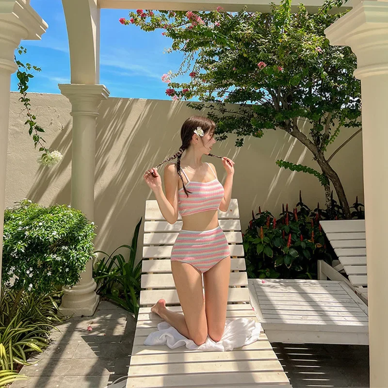 Сексуальный полосатый купальник-бандо бикини с высокой талией 2025 г. женский