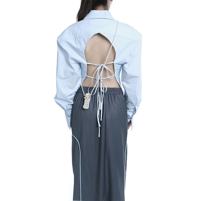 

GetSpring Women Blouse Temperament Backless Hollow Out Full Sleeve Lace Up Cotton White Blue Shirt Irregular Female Tops 2022