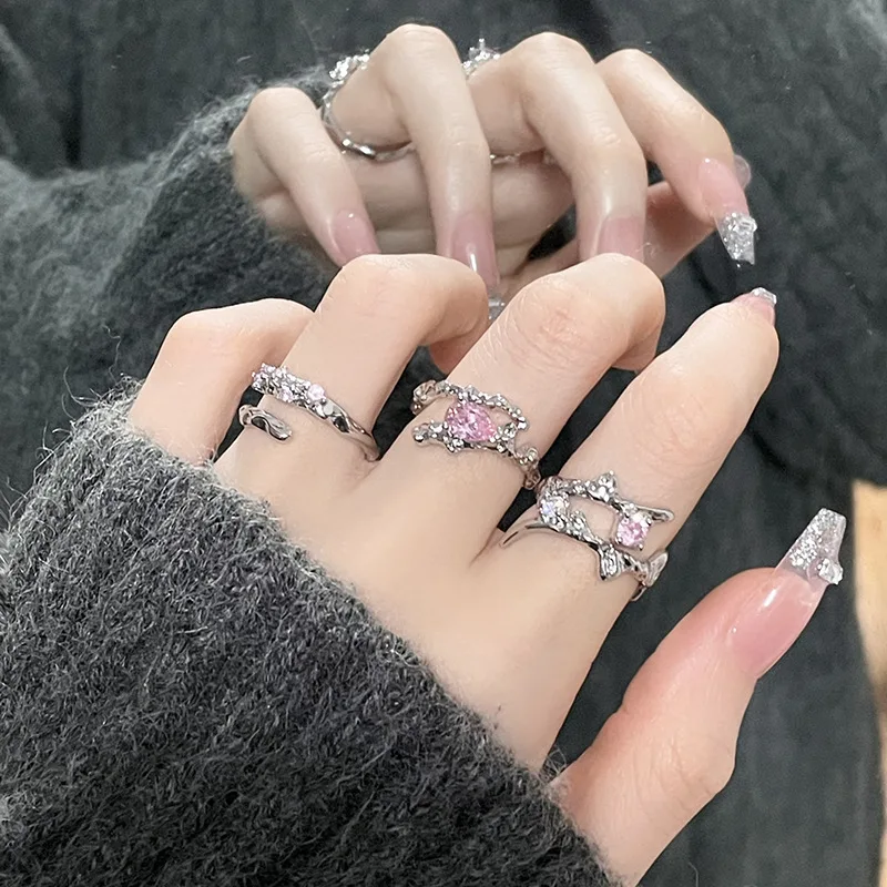 2022 Kpop Goth Luxury Vintage Эстетические розовые драгоценные камни LOVE Heart Открытое кольцо