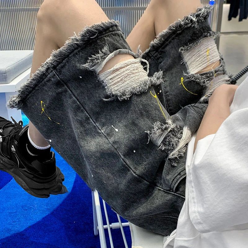

Y2K Mens Streetwear Breeches Holes Ripped Korean Harajuku Denim Hip Hop Cargo Short Pants Grunge Bermudas Jeans Shorts Clothes