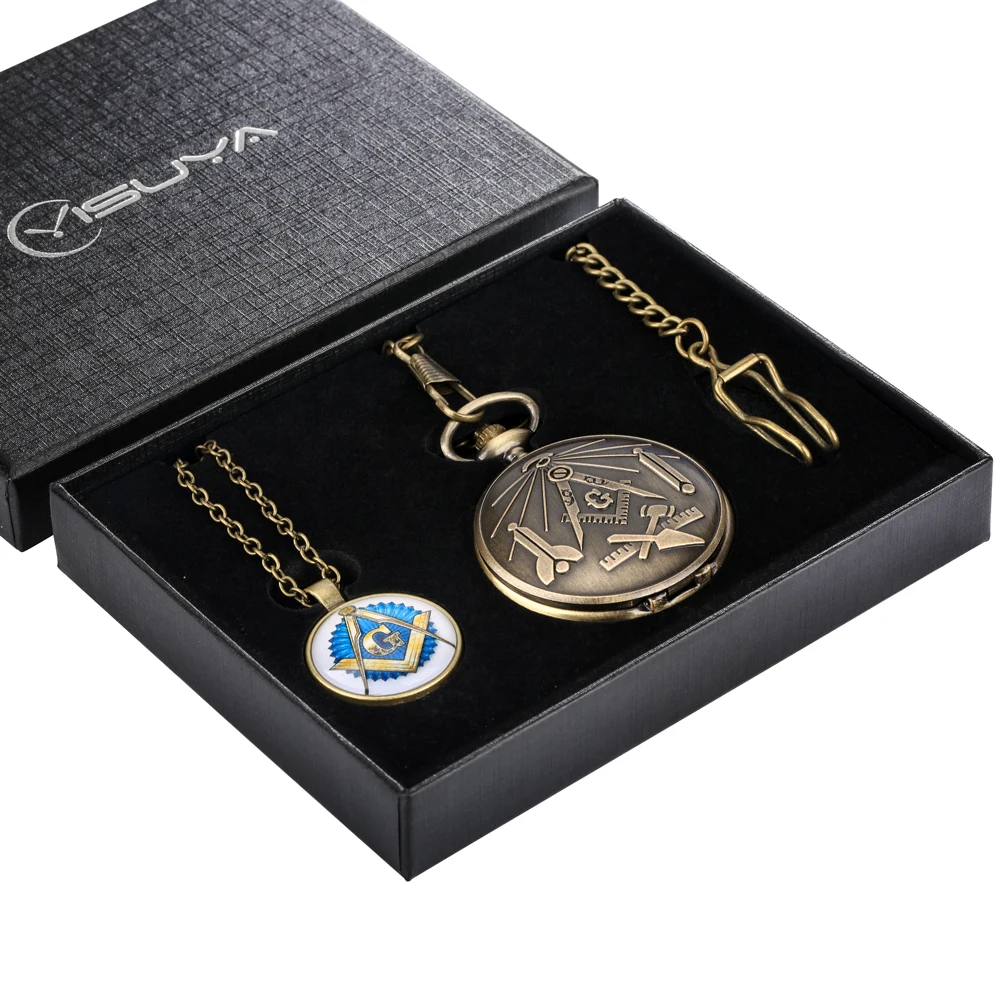 Steampunk Vintage Masonic Themed Quartz Pocket Watch Pendant Sets Box Gift Arabic Numerals White Dial Fob Chain Pocket Timepiece